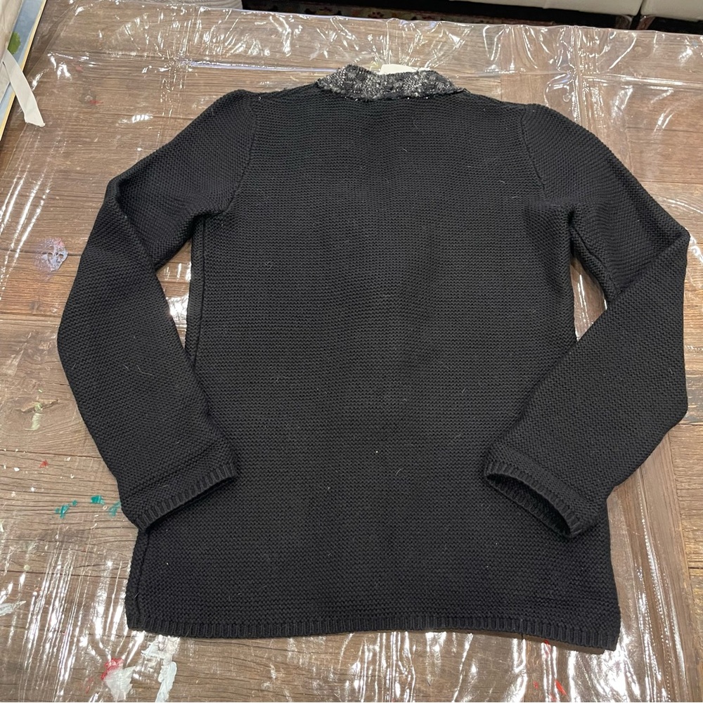 Tory Burch Black Cardigan Sweater with V-neck and Floral Trim - Picture 11 of 14